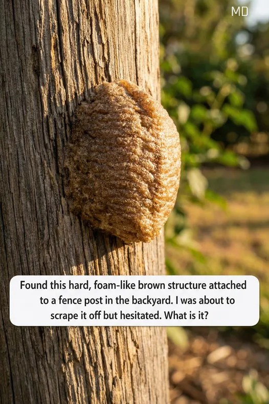 Found this hard, foam-like brown structure attached to a fence post in the backyard. I was about to scrape it off but hesitated. What is it - Full article 👇 💬