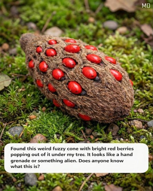 Found this weird fuzzy cone with bright red berries popping out of it under my tree. It looks like a hand gre.nade or something alien. Does anyone know. Full article 👇 💬