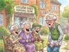 Three mischievous old grannies were sitting on a bench outside