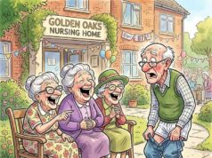 Three mischievous old grannies were sitting on a bench outside