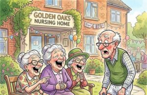 Three mischievous old grannies were sitting on a bench outside