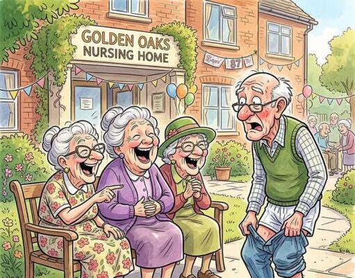 Three mischievous old grannies were sitting on a bench outside