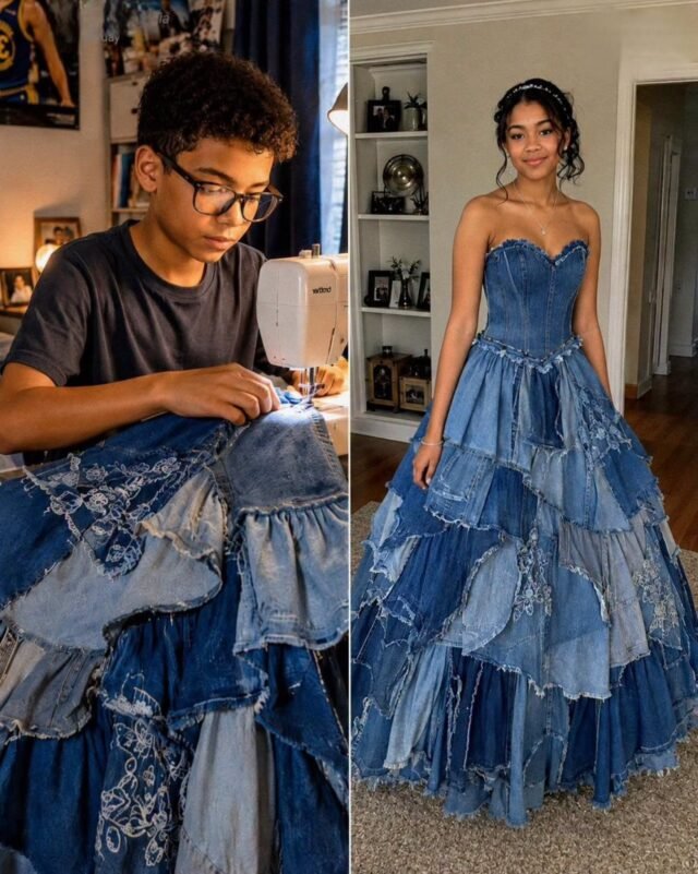 My Stepmom Refused to Give Me Money for a Prom Dress – My Brother Sewed One from Our Late Mom’s Jeans Collection, and What Happened Next Made Her Jaw Drop!!